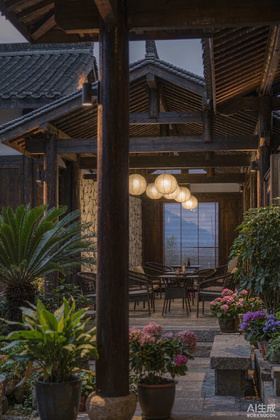 Our courtyard garden at dusk