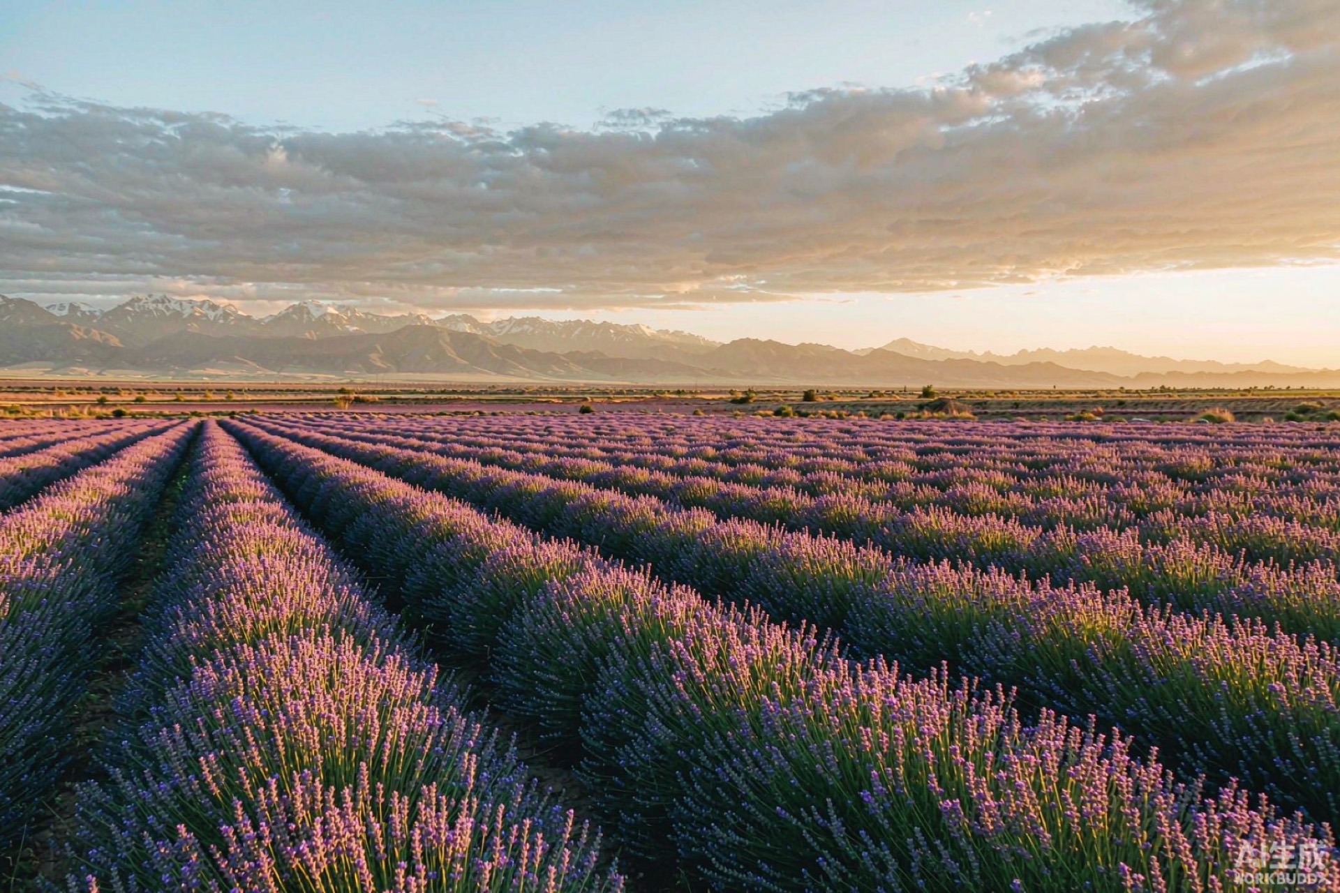 Lavender fields of Ili with the Tianshan mountains beyond