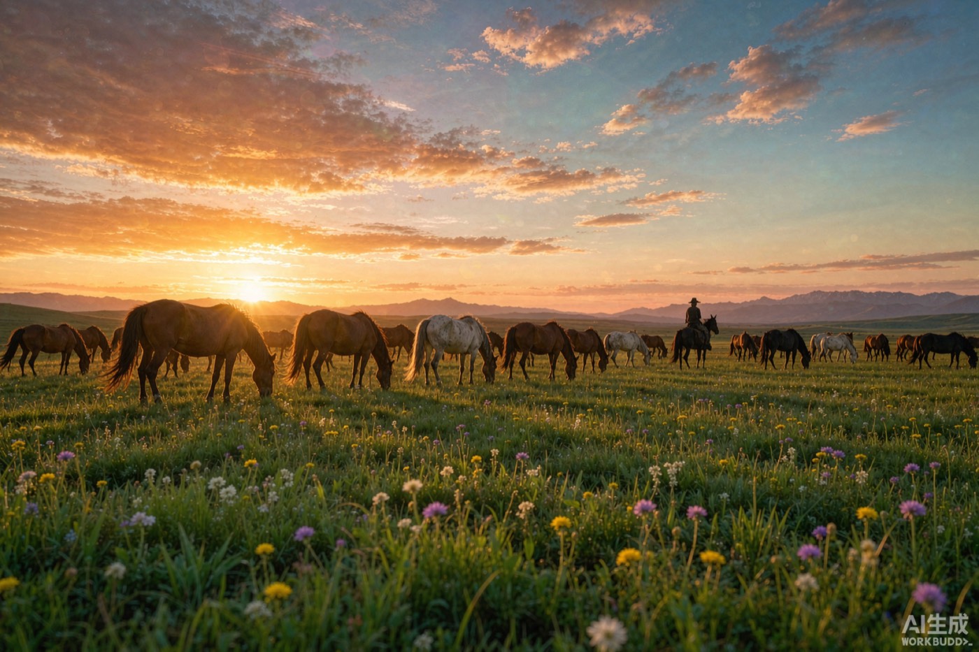 Horses on the grassland at sunset